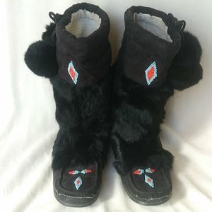 Black Moccasin Boots---Real Fur Trim
